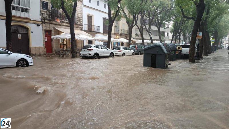 El centro de Jerez se inunda nuevamente por intensas lluvias tras la dana de octubre de 2024.