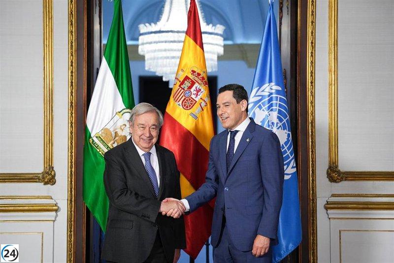 Moreno destaca la creciente influencia internacional de Andalucía en encuentro con el secretario general de la ONU en San Telmo.